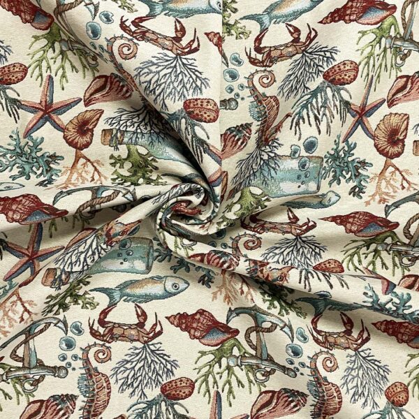 Tessuto per arredo Gobelin a fantasia motivo marino beige - verde acqua - azzurro - bordeaux