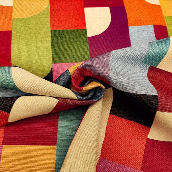 Tessuto per arredo Gobelin a fantasia motivo astratto grande celeste - verde - arancio - bordeaux