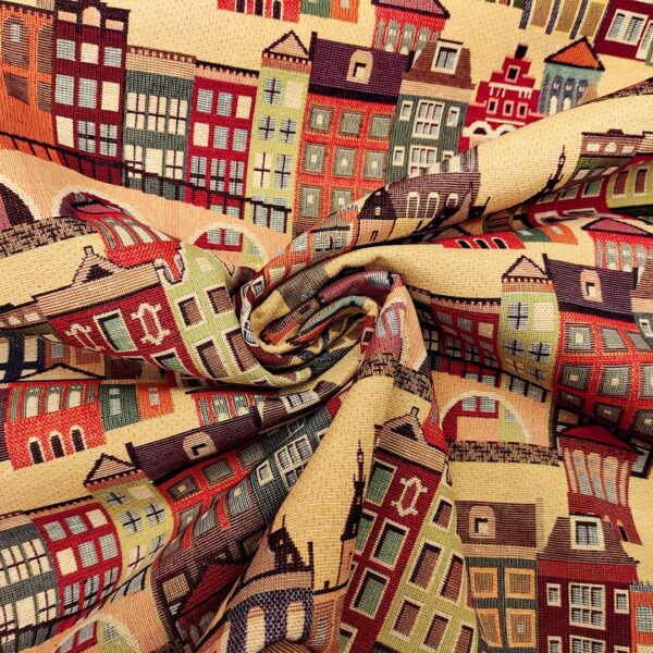 Tessuto per arredo Gobelin a fantasia motivo astratto rosso - beige - verde - arancio