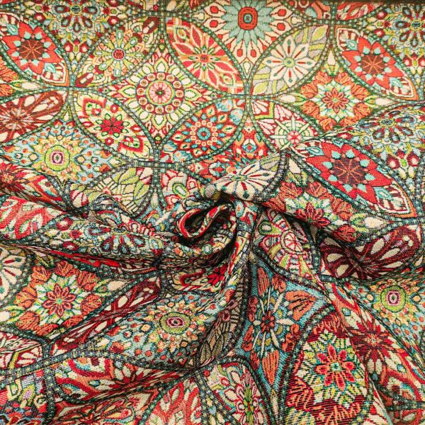Tessuto per arredo Gobelin a fantasia motivo etnico arancio - azzurro - rosso - verde