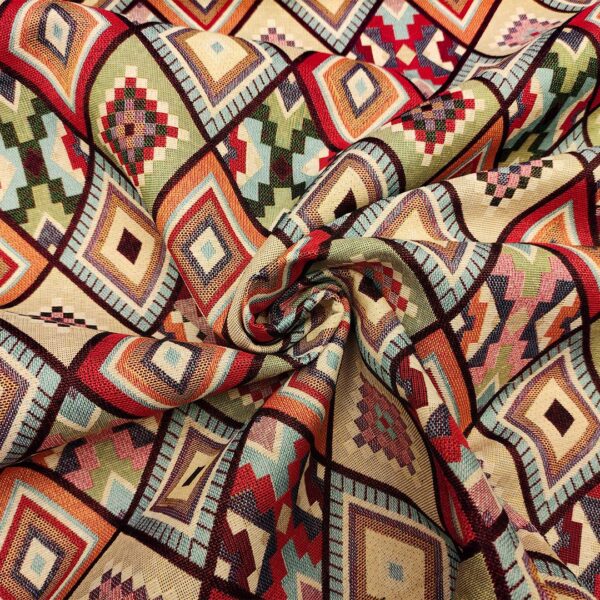 Tessuto per arredo Gobelin a fantasia motivo etnico beige - azzurro - arancio - rosso - verde