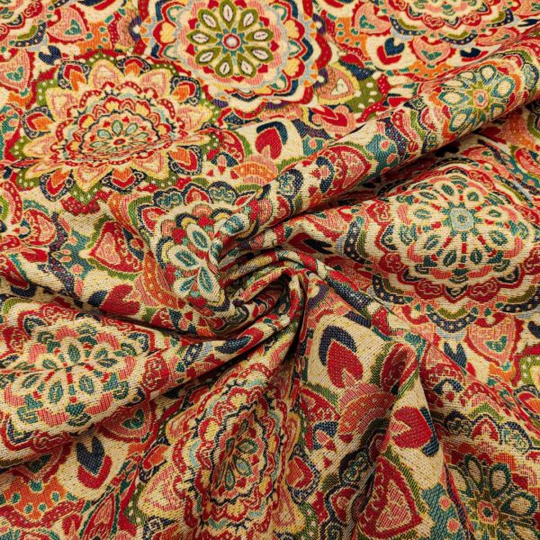 Tessuto per arredo Gobelin a fantasia motivo etnico beige - blu - rosso - verde