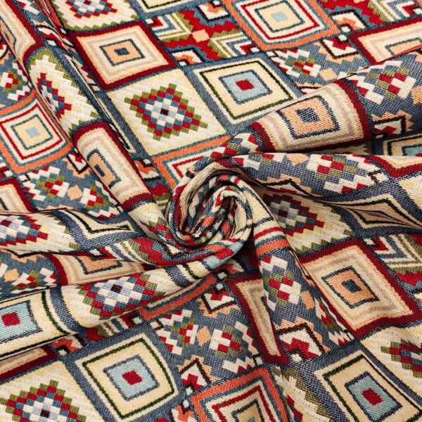 Tessuto per arredo Gobelin a fantasia motivo etnico beige - carta da zucchero - rosso - verde