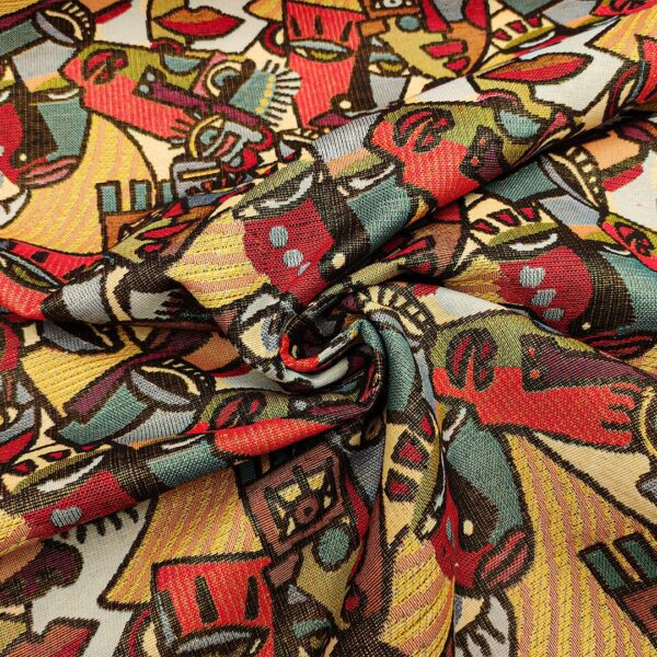 Tessuto per arredo Gobelin a fantasia motivo etnico verde - senape - azzurro - bordeaux