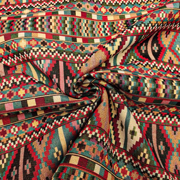 Tessuto per arredo Gobelin a fantasia motivo etnico turchese - rosso - beige - verde