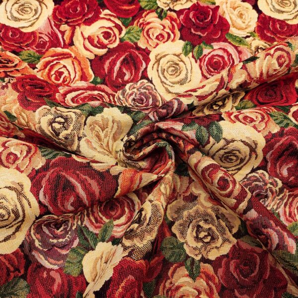 Tessuto per arredo Gobelin a fantasia motivo floreale rosso - beige - verde - bordeaux