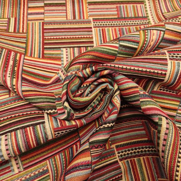 Tessuto per arredo Gobelin a fantasia motivo geometrico arancio - azzurro - verde - rosso