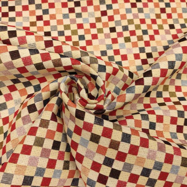 Tessuto per arredo Gobelin a fantasia motivo geometrico beige - arancio - bordeaux - verde