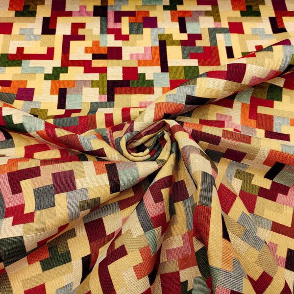 Tessuto per arredo Gobelin a fantasia motivo geometrico beige - arancio - verde - bordeaux