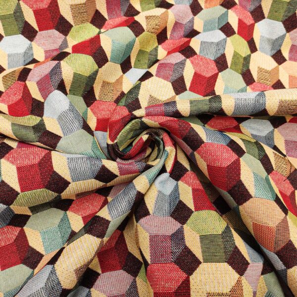 Tessuto per arredo Gobelin a fantasia motivo geometrico beige - celeste - rosso - verde
