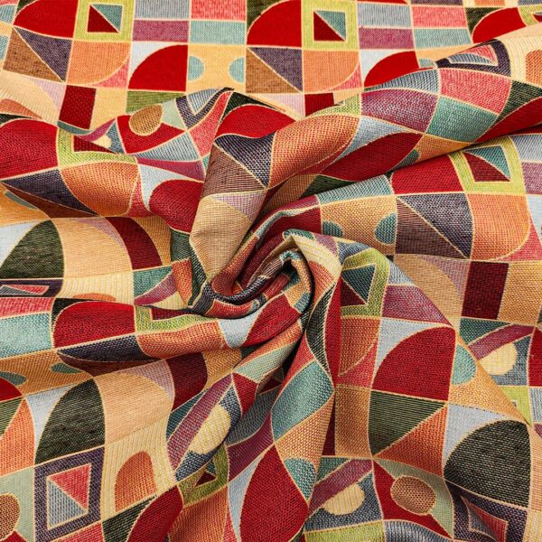 Tessuto per arredo Gobelin a fantasia motivo geometrico celeste - rosso - verde - arancio