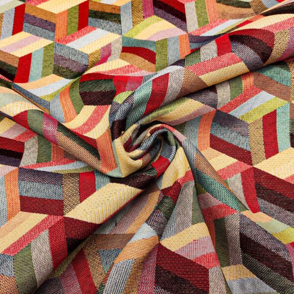 Tessuto per arredo Gobelin a fantasia motivo geometrico grande beige - rosso - verde - lilla