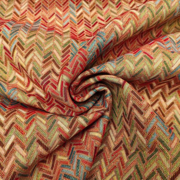 Tessuto per arredo Gobelin a fantasia motivo geometrico rosso - verde - azzurro - marrone