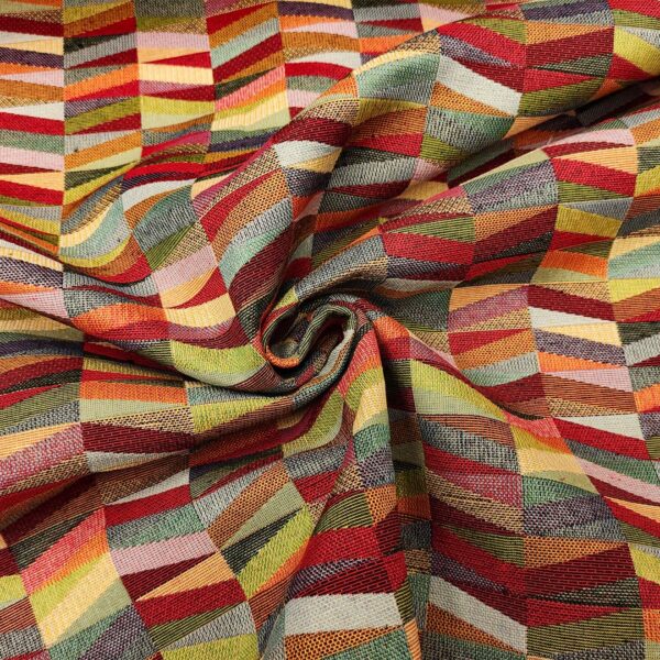 Tessuto per arredo Gobelin a fantasia motivo geometrico rosso - azzurro - verde - giallo - arancio