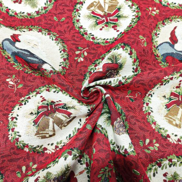 Tessuto per arredo Gobelin lurex natalizio a fantasia con babbo natale bordeaux - beige - oro - verde