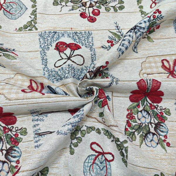 Tessuto per arredo Gobelin lurex natalizio a fantasia con stella di natale e campane rosso - grigio - verde - beige