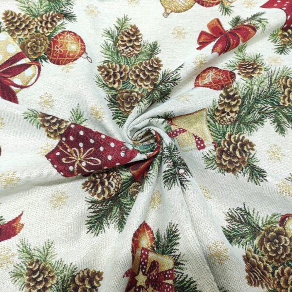 Tessuto per arredo Gobelin lurex natalizio a fantasia con pacchi regalo e sfere oro - beige - bordeaux - verde