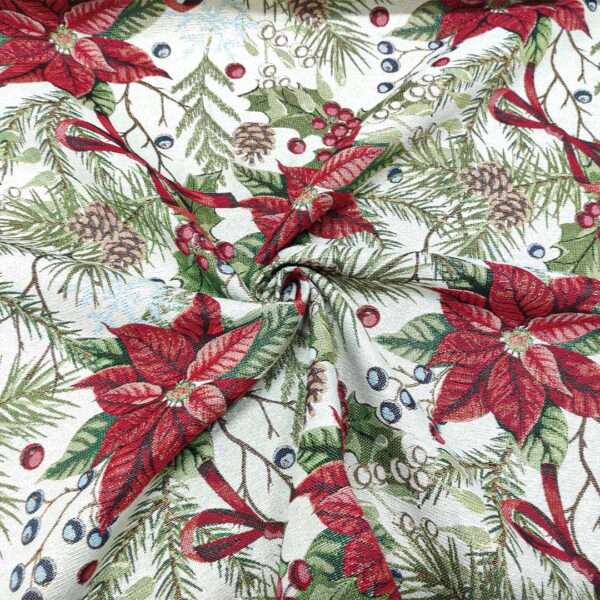 Tessuto per arredo Gobelin lurex natalizio a fantasia con stella di natale beige - rosso - verde