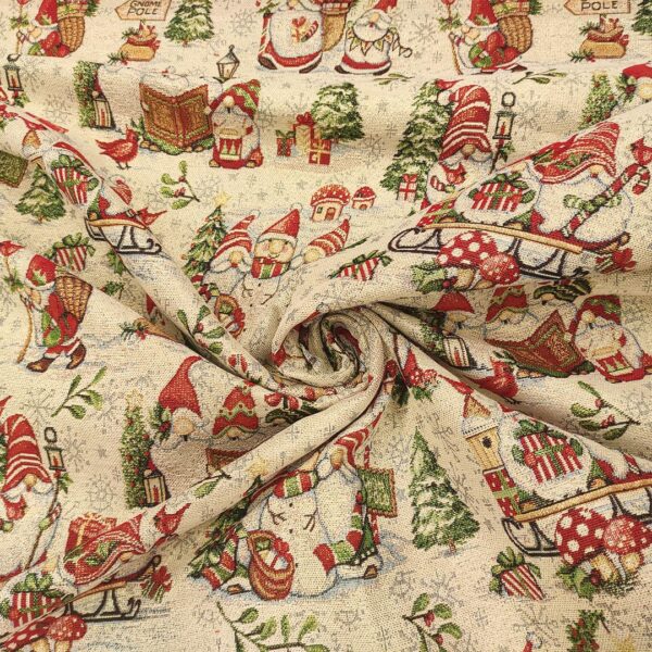 Tessuto per arredo Gobelin lurex natalizio a fantasia con gnomi rosso - giallo - beige - verde