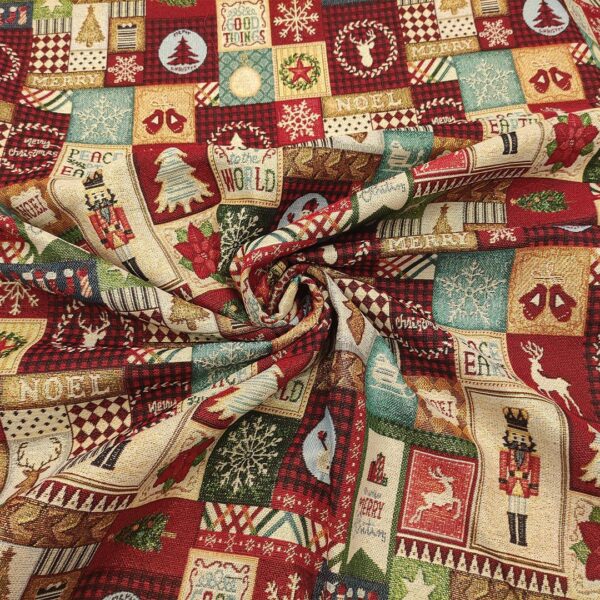 Tessuto per arredo Gobelin lurex natalizio a fantasia con cervi e schiaccianoci bordeaux - rosso - beige - verde