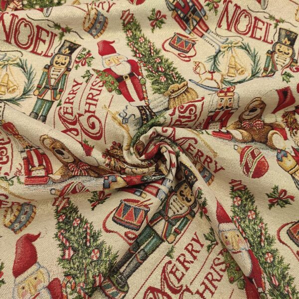 Tessuto per arredo Gobelin lurex natalizio a fantasia con schiaccianoci beige - rosso - verde - blu