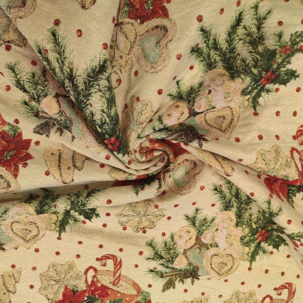Tessuto per arredo Gobelin lurex natalizio a fantasia con stella di natale e cuori beige - oro - rosso - verde