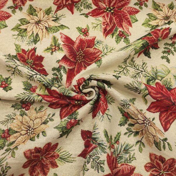 Tessuto per arredo Gobelin lurex natalizio a fantasia con stella di natale beige - oro - rosso - verde