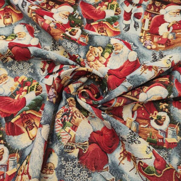 Tessuto per arredo Gobelin natalizio a fantasia con babbo natale carta da zucchero - rosso - verde - beige