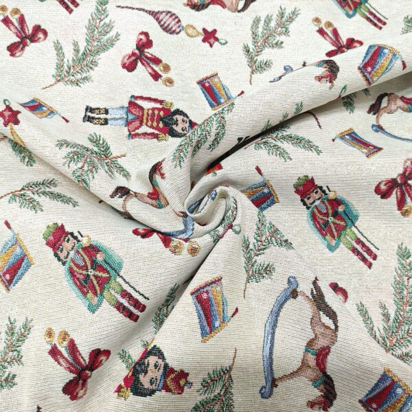 Tessuto per arredo Gobelin natalizio a fantasia con schiaccianoci e cavallucci beige - rosso - verde - carta da zucchero