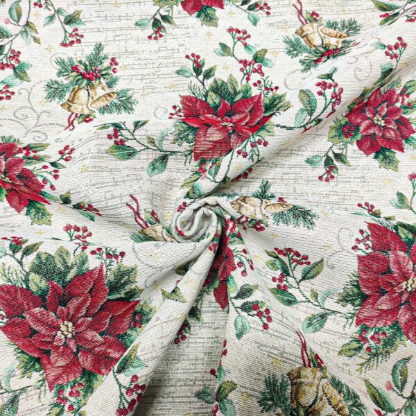 Tessuto per arredo Gobelin natalizio a fantasia con stella di natale e vischio beige - oro - rosso - verde