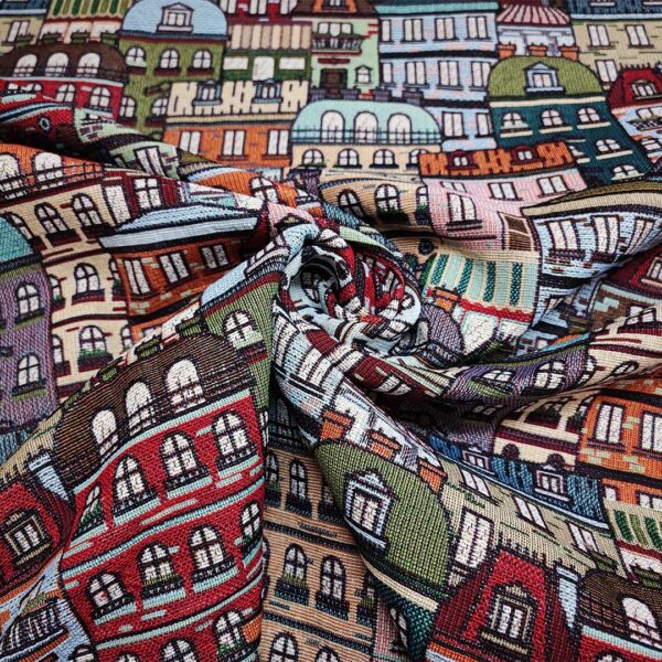 Tessuto Gobelin a fantasia motivo astratto rosso - arancio - beige