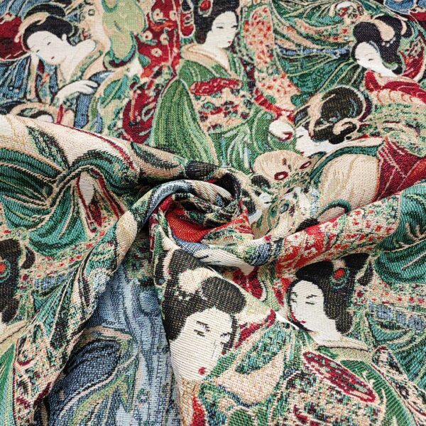 Tessuto Gobelin a fantasia motivo astratto rosso - beige - verde - nero