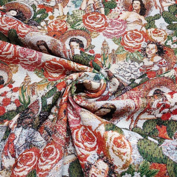 Tessuto Gobelin a fantasia motivo astratto rosso - verde - panna