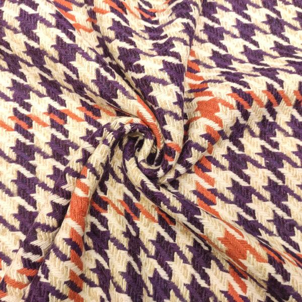 Tessuto per cappotto pettinato mano lana motivo pied de poule beige - coccio - viola