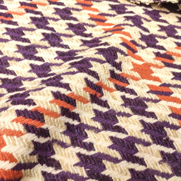 Tessuto per cappotto pettinato mano lana motivo pied de poule beige - coccio - viola