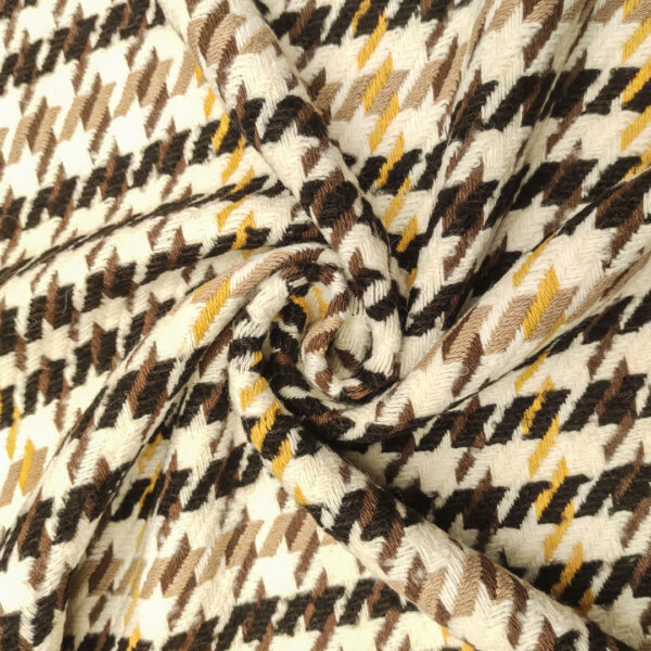 Tessuto per cappotto pettinato mano lana motivo pied de poule panna - nero - ocra - cioccolato
