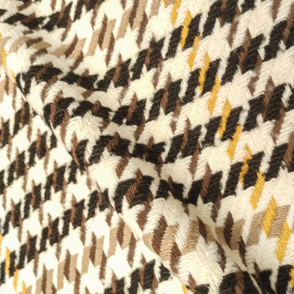 Tessuto per cappotto pettinato mano lana motivo pied de poule panna - nero - ocra - cioccolato
