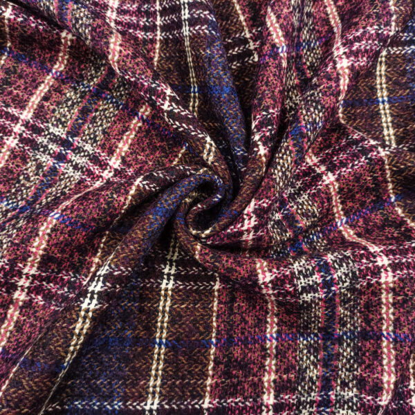 Tessuto per cappotto pettinato mano lana motivo quadri fucsia - blu elettrico - marrone