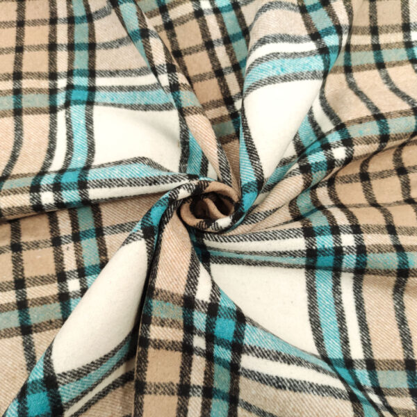 Tessuto per cappotto pettinato mano lana motivo quadri panna - turchese - beige