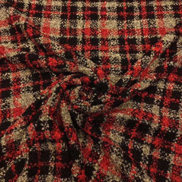 Tessuto per cappotto tweed motivo quadri rosso - tortora - nero