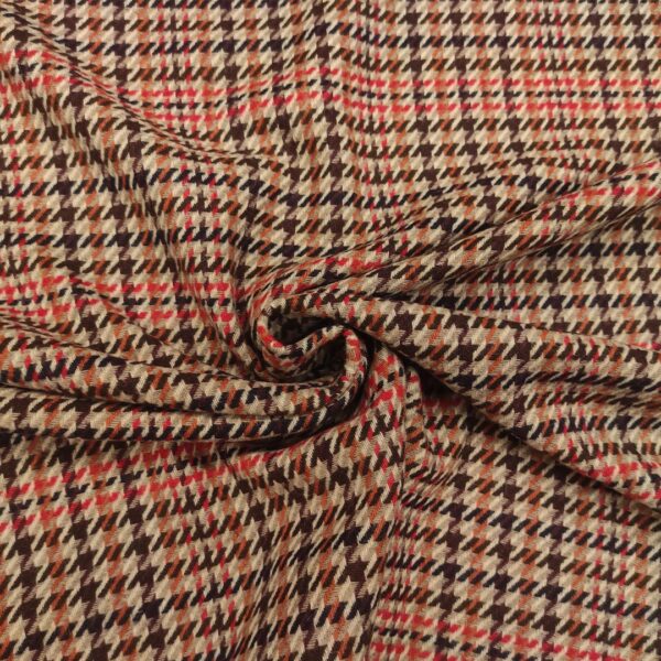 Tessuto per cappotto motivo pied de poule rosso - marrone - arancio