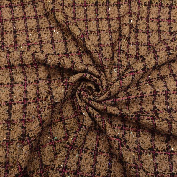 Tessuto per cappotto motivo tweed ricamato con micro paillettes terracotta - fucsia