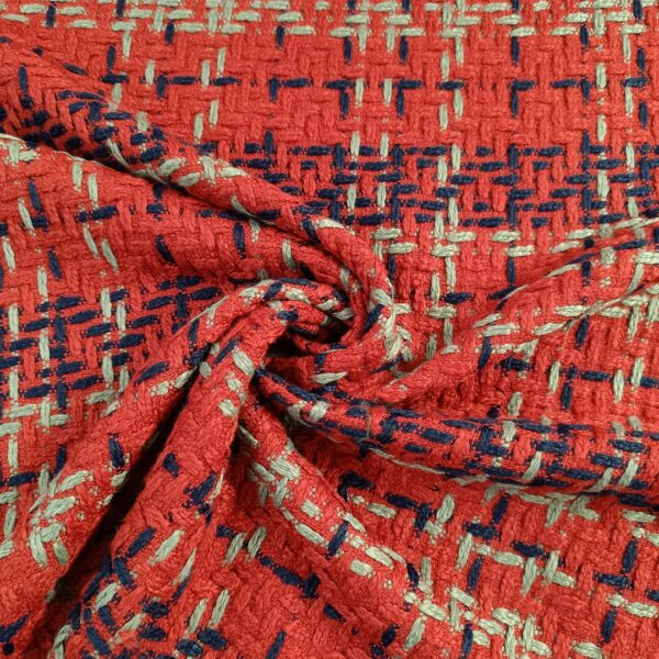 Tessuto per cappotto motivo tweed rosso - grigio - blu