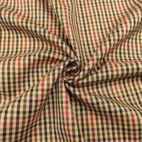 Tessuto pettinato mano lana elasticizzato motivo pied de poule marroncino - verde - rosso