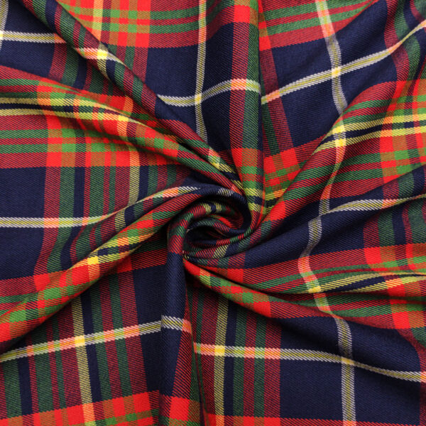 Tessuto pettinato mano lana elasticizzato motivo quadri blu - giallo - rosso