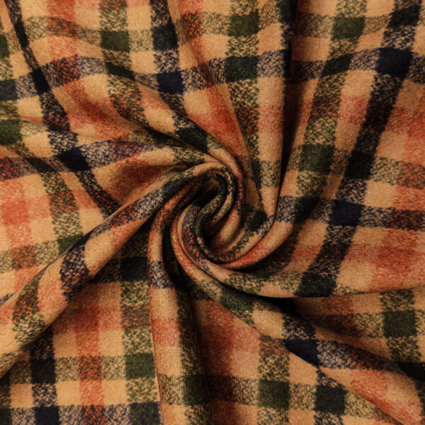 Tessuto pettinato mano lana motivo quadri blu - tabacco - verde