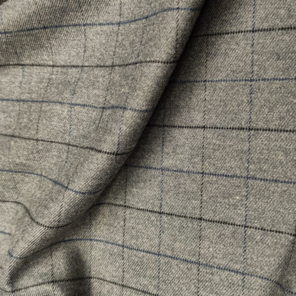 Tessuto pettinato mano lana elasticizzato motivo quadri grigio - blu - nero