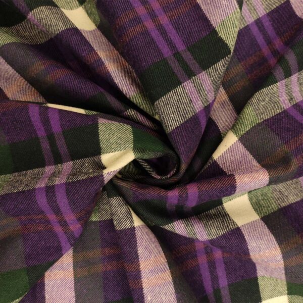 Tessuto pettinato mano lana motivo quadri viola - bianco - verde