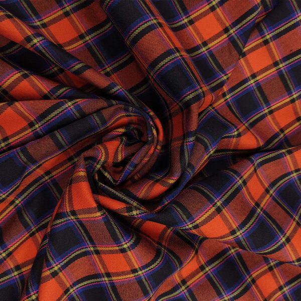 Tessuto pettinato motivo quadri arancio - blu elettrico - verde acido - fucsia