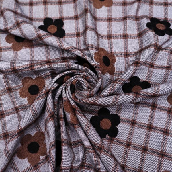 Tessuto pettinato motivo quadri ricamato con fiori grigio - nero - marrone